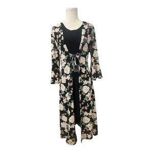 Siren Lily 2 Piece Tank Dress & Cardigan Size L Black Floral Long Bell-Sleeve